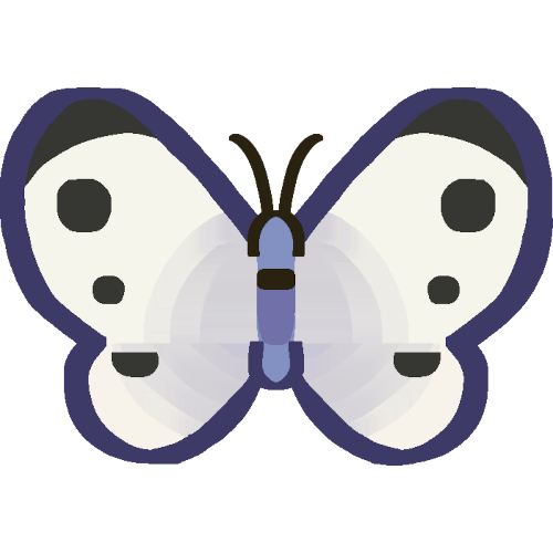 An emote of a simple butterfly icon. The outline around it is dark violet. The wings are white with minor blue shading around the body of the butterfly. At the tip of the top of the butterfly wing is black, along with 3 dark black spots going down the wings. The body is pastel blue with a small dark brown marking on its back with a dark pastel blue mark going down its back from the brown mark.